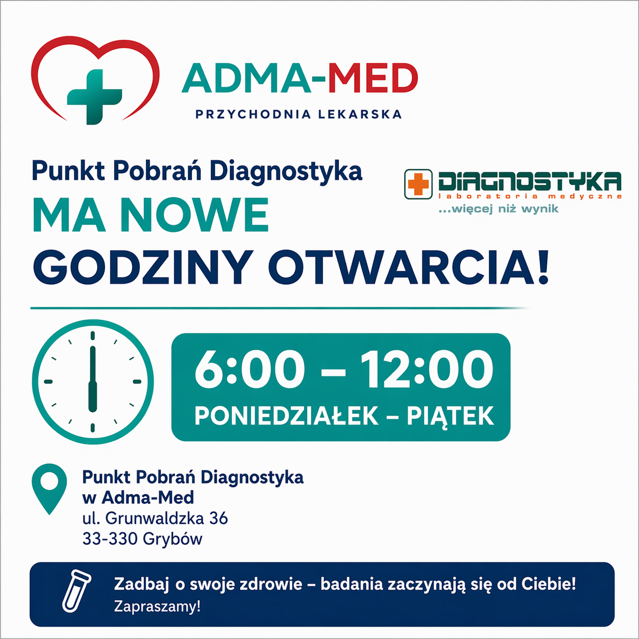 Nowe godziny otwarcia Punktu Pobrań Diagnostyka w Adma-Med!